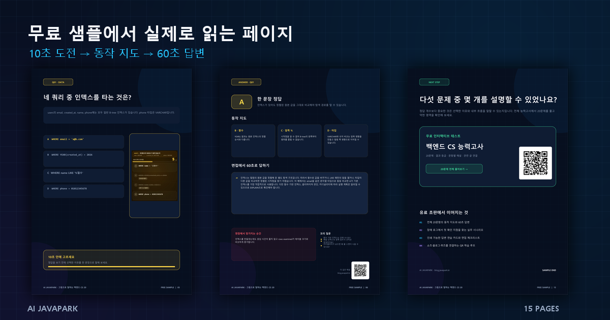 10초 도전, 동작 지도, 60초 답변으로 구성된 무료 샘플 페이지