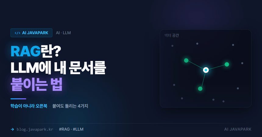 RAG 검색 증강 생성 원리 커버 — 질문을 벡터로 바꿔 관련 문서를 찾아 프롬프트에 넣는 흐름