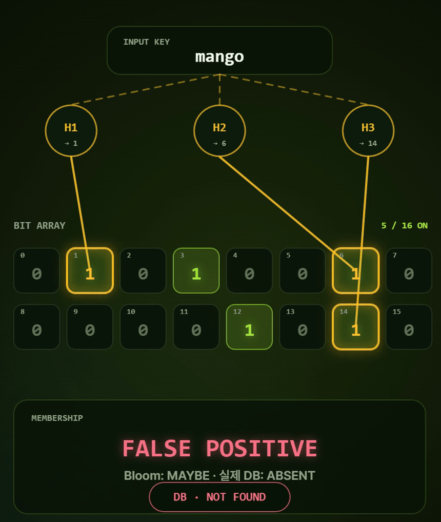 블룸 필터 영상 — 넣지 않은 mango 의 비트가 모두 1이라 FALSE POSITIVE 가 되는 순간