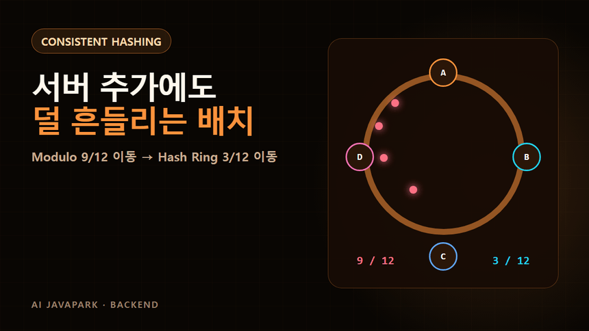 서버 추가 시 모듈러 해싱과 Hash Ring의 키 재배치량을 비교한 그림