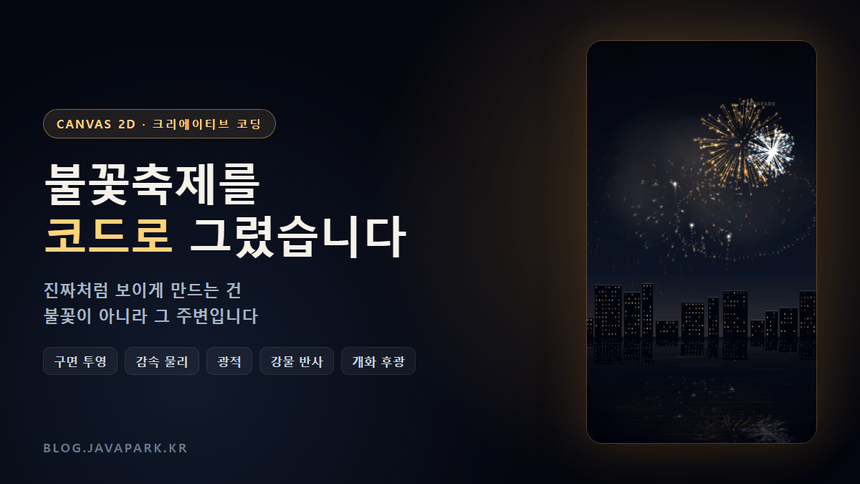 코드로 그린 불꽃축제 — 도시 야경과 강물 반사 위로 화포가 터지는 모습